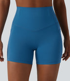 High Waisted Anti-Roll Tummy Control Shaping Workout Biker Shorts 5'' with Pockets — Vallarta Blue — view 8