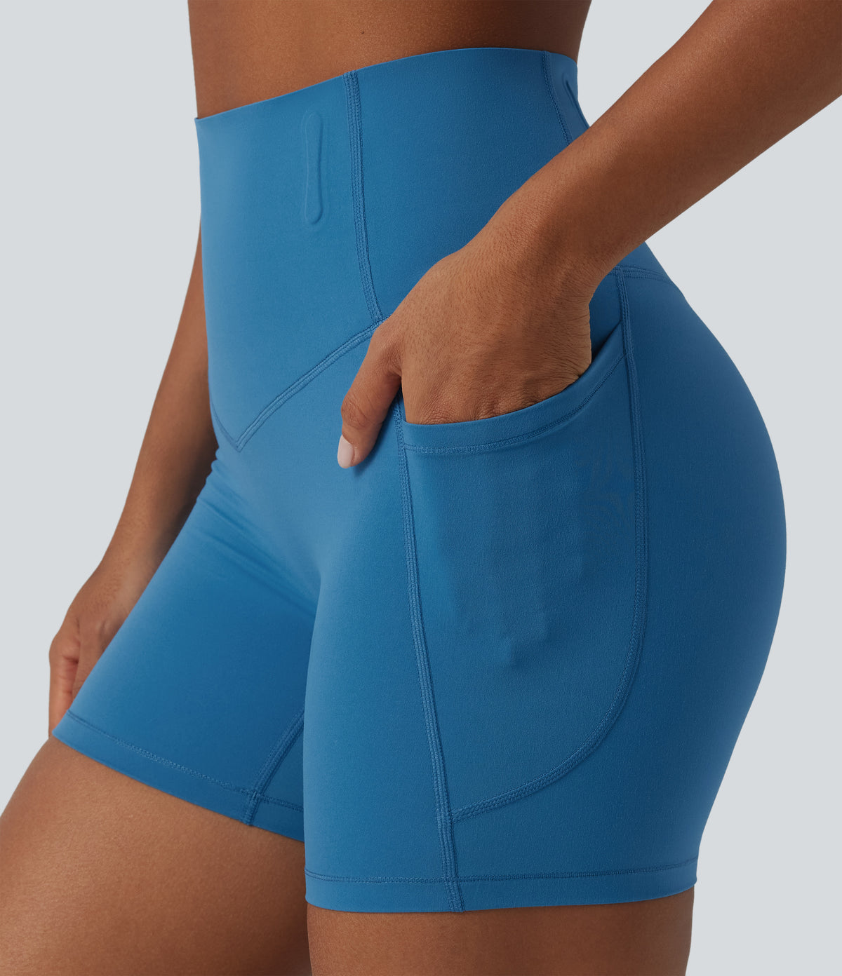 High Waisted Anti-Roll Tummy Control Shaping Workout Biker Shorts 5'' with Pockets — Vallarta Blue — view 7
