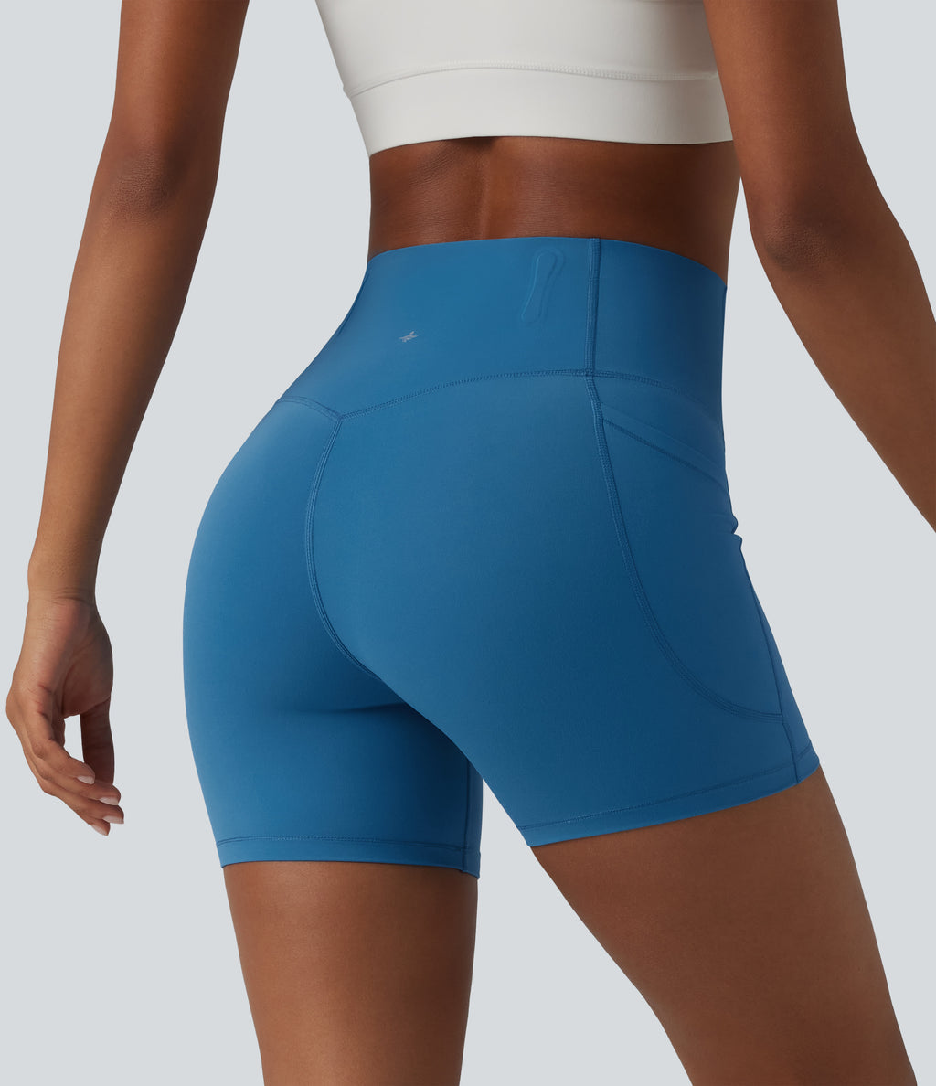 High Waisted Anti-Roll Tummy Control Shaping Workout Biker Shorts 5'' with Pockets — Vallarta Blue — view 3