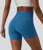 High Waisted Anti-Roll Tummy Control Shaping Workout Biker Shorts 5'' with Pockets — Vallarta Blue — view 3