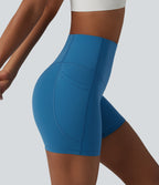 High Waisted Anti-Roll Tummy Control Shaping Workout Biker Shorts 5'' with Pockets — Vallarta Blue — view 5