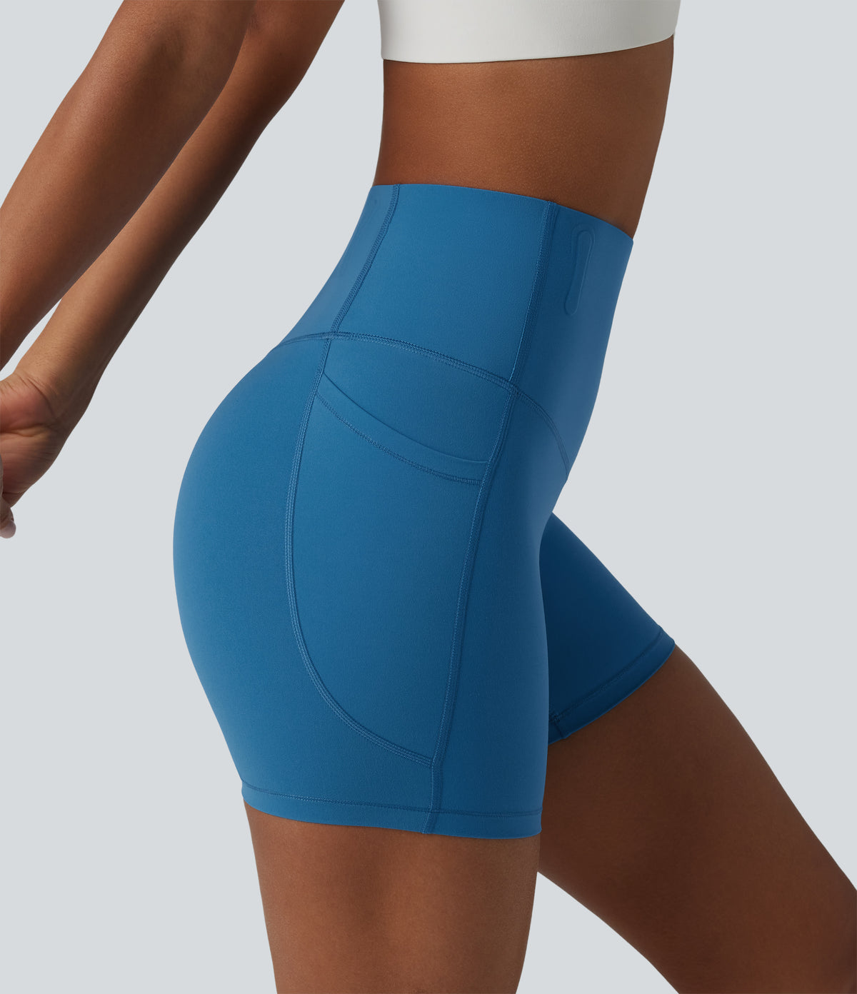 High Waisted Anti-Roll Tummy Control Shaping Workout Biker Shorts 5'' with Pockets — Vallarta Blue — view 5