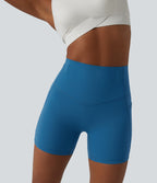 High Waisted Anti-Roll Tummy Control Shaping Workout Biker Shorts 5'' with Pockets — Vallarta Blue — view 6