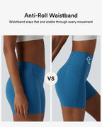 High Waisted Anti-Roll Tummy Control Shaping Workout Biker Shorts 5'' with Pockets — Vallarta Blue — view 2