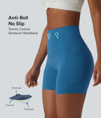 High Waisted Anti-Roll Tummy Control Shaping Workout Biker Shorts 5'' with Pockets — Vallarta Blue — view 1
