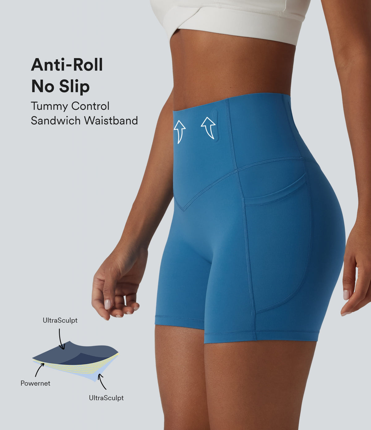 High Waisted Anti-Roll Tummy Control Shaping Workout Biker Shorts 5'' with Pockets — Vallarta Blue — view 1