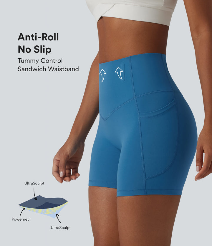 High Waisted Anti-Roll Tummy Control Shaping Workout Biker Shorts 5'' with Pockets — Vallarta Blue — view 1
