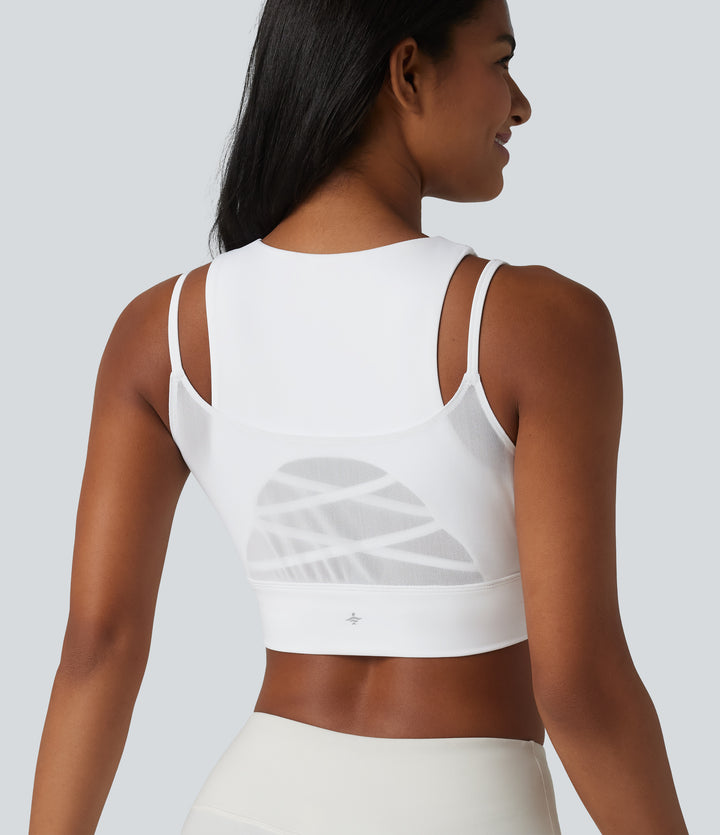 Airy Low Support Crisscross Breathable Mesh 2-in-1 Built-in Bra InstantCool Yoga Sports Bra — White — view 1