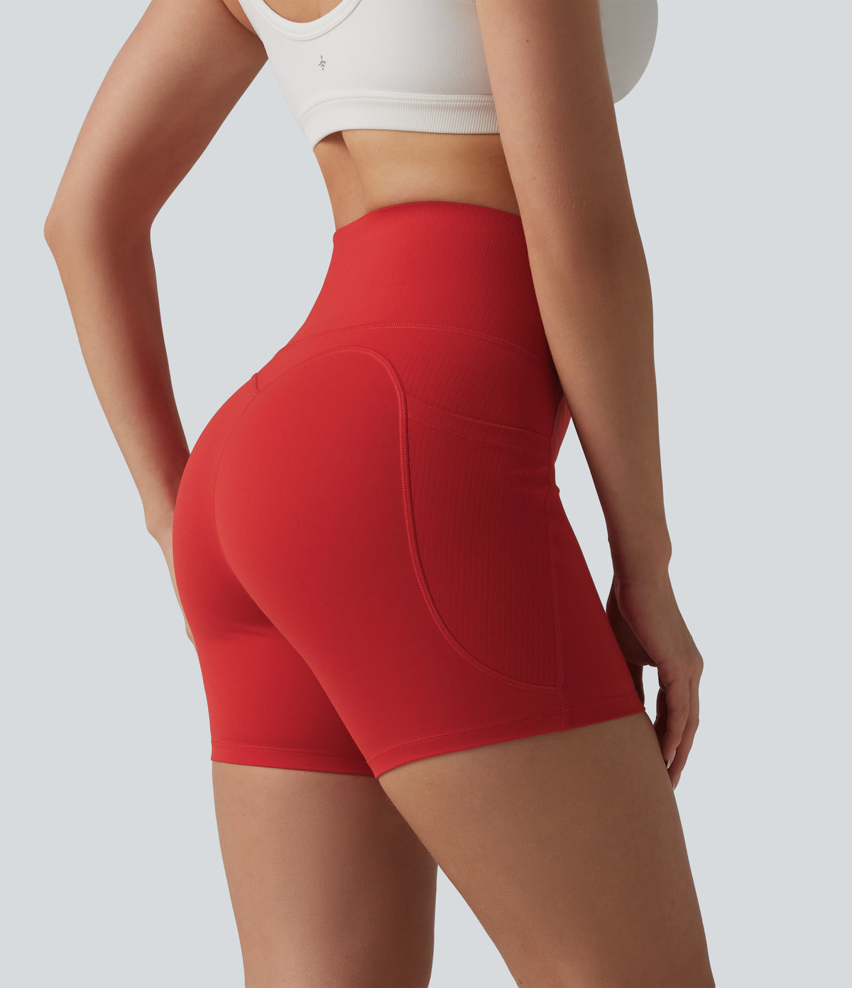 High Waisted Tummy Control Contrast Ribbed Yoga Biker Shorts 5'' with Pockets — Aura Orange — view 2