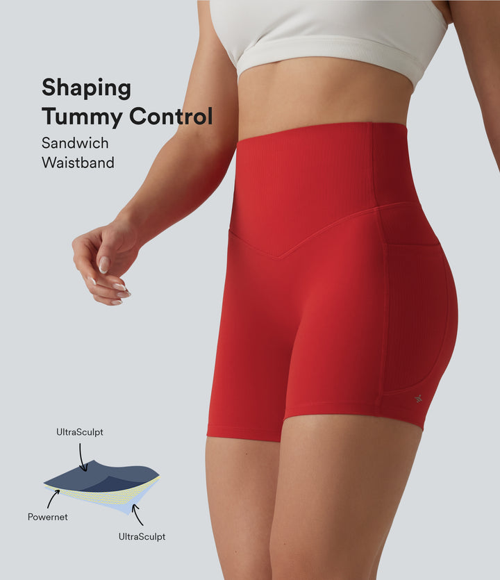 High Waisted Tummy Control Contrast Ribbed Yoga Biker Shorts 5'' with Pockets — Aura Orange — view 1