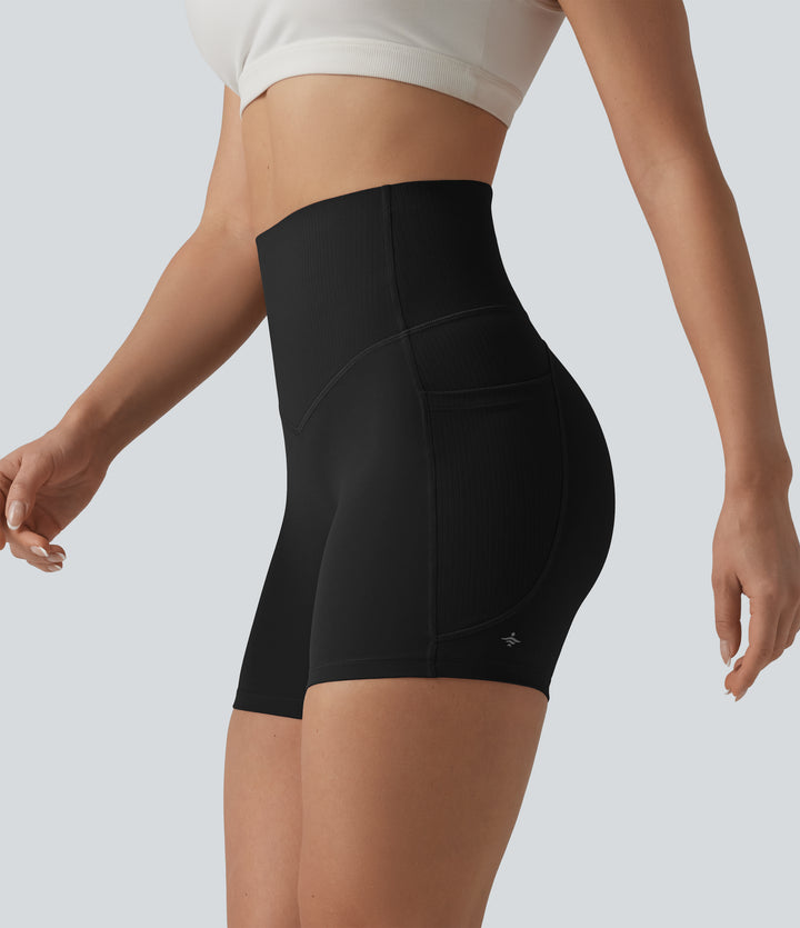 High Waisted Tummy Control Contrast Ribbed Yoga Biker Shorts 5'' with Pockets — Black — view 8
