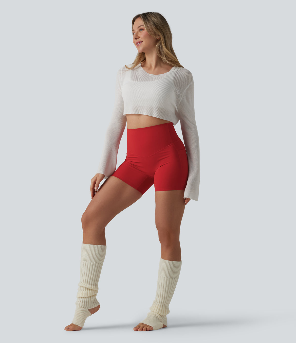 High Waisted Tummy Control Contrast Ribbed Yoga Biker Shorts 5'' with Pockets — Aura Orange — view 6