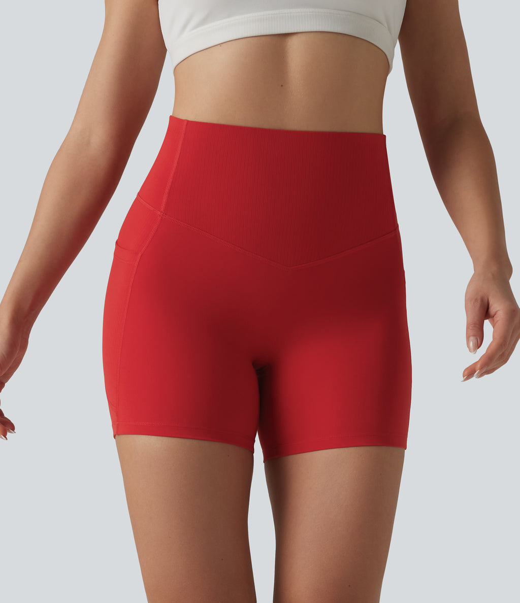 High Waisted Tummy Control Contrast Ribbed Yoga Biker Shorts 5'' with Pockets — Aura Orange — view 3