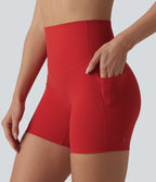 High Waisted Tummy Control Contrast Ribbed Yoga Biker Shorts 5'' with Pockets — Aura Orange — view 5