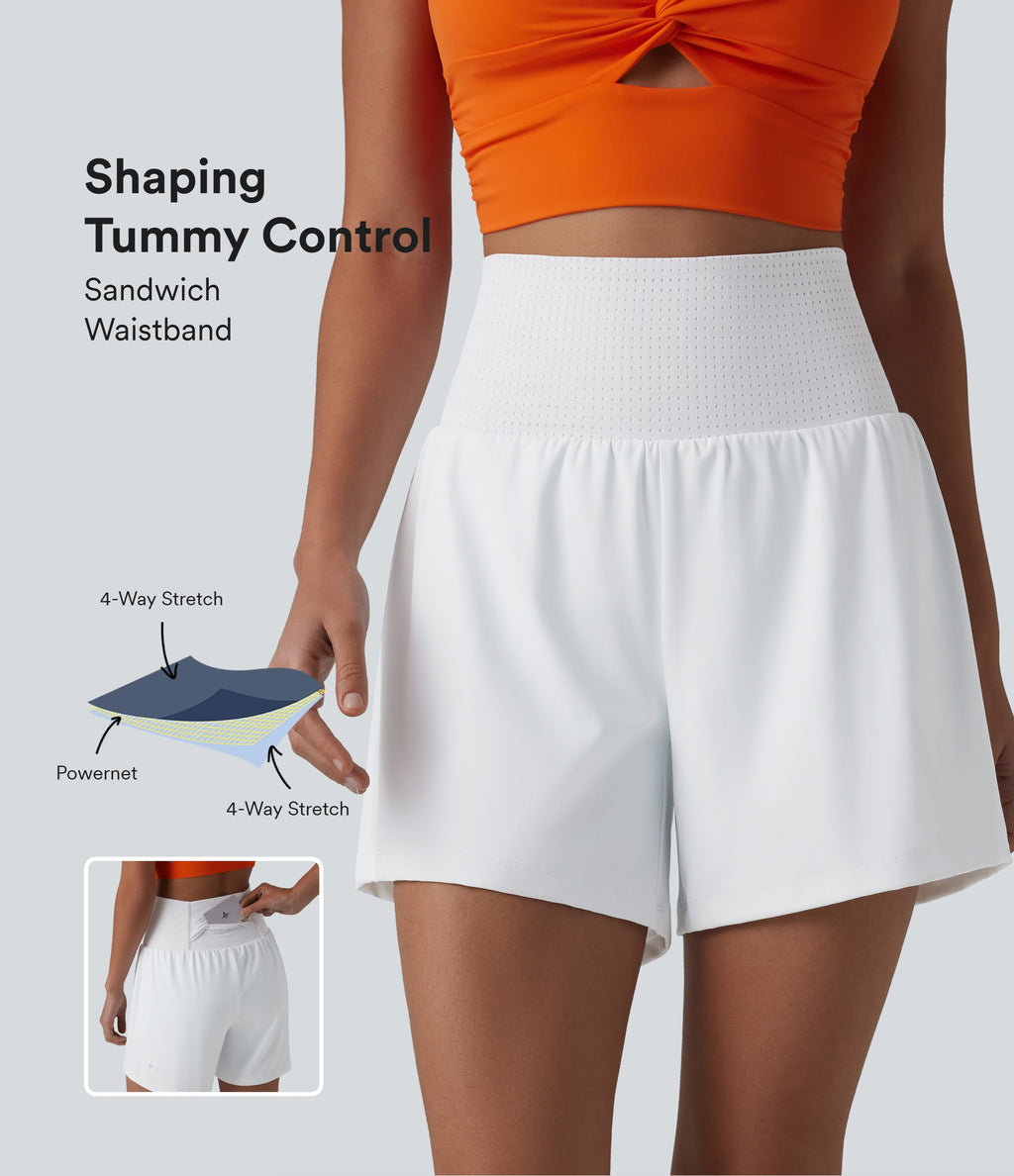 High Waisted Eyelet Tummy Control 2-in-1 Yoga Shorts 5'' with Pockets — White — view 1