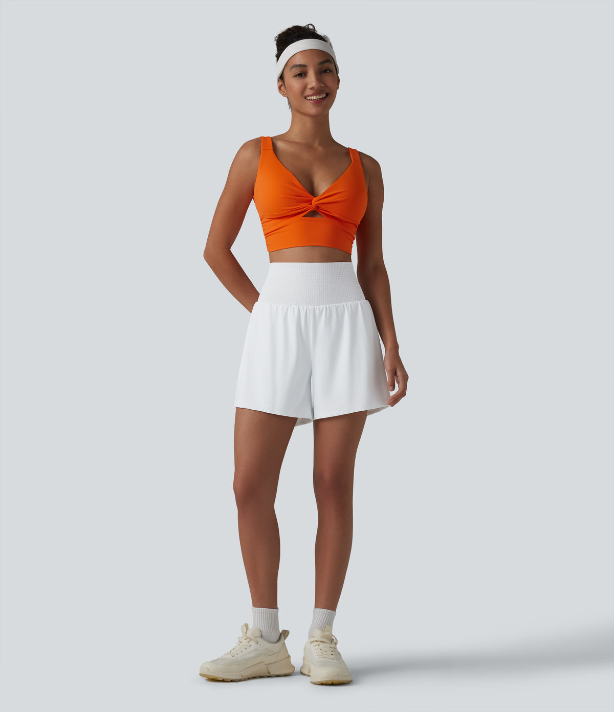 High Waisted Eyelet Tummy Control 2-in-1 Yoga Shorts 5'' with Pockets — White — view 6