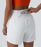 High Waisted Eyelet Tummy Control 2-in-1 Yoga Shorts 5'' with Pockets — White — view 4