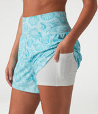 High Waisted 2-in-1 Seashell Shorts 5'' with Pockets — Aqua Seashell — view 4