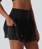 High Waisted Ruched Breathable Mesh 2-in-1 Mini Tennis Tiered Skirt with Pockets — Black — view 5