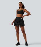 High Waisted Ruched Breathable Mesh 2-in-1 Mini Tennis Tiered Skirt with Pockets — Black — view 8