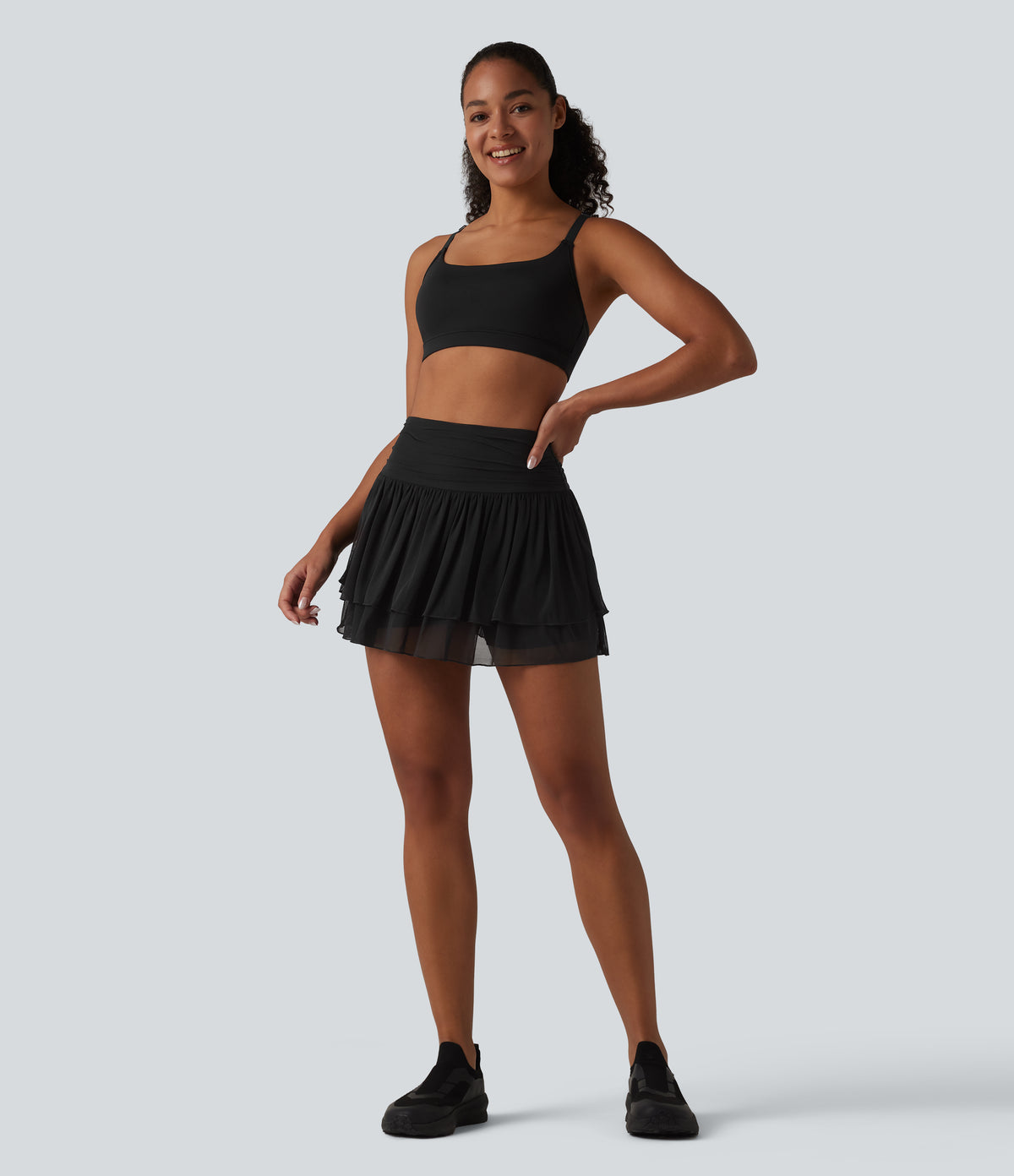 High Waisted Ruched Breathable Mesh 2-in-1 Mini Tennis Tiered Skirt with Pockets — Black — view 8