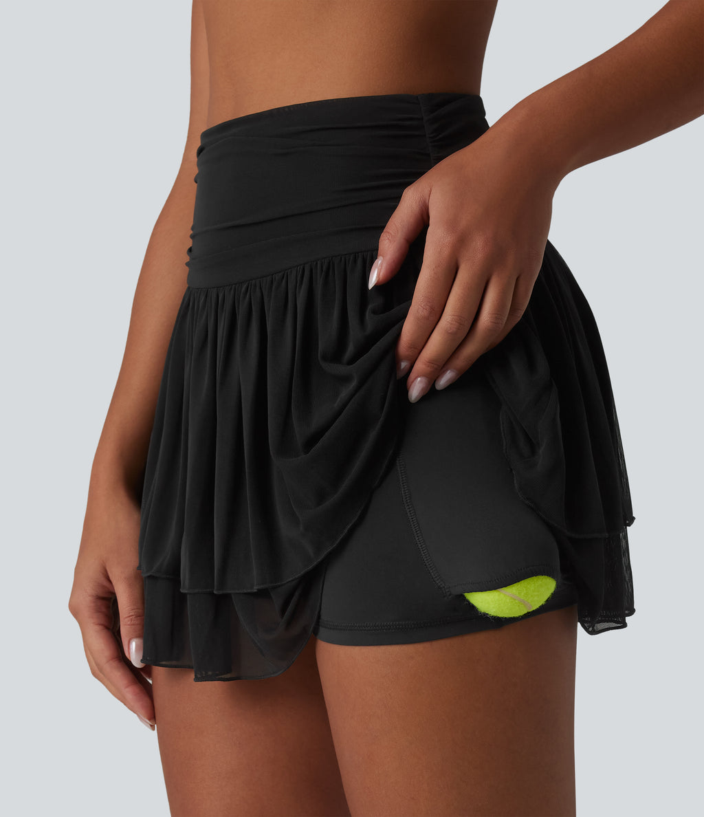High Waisted Ruched Breathable Mesh 2-in-1 Mini Tennis Tiered Skirt with Pockets — Black — view 4