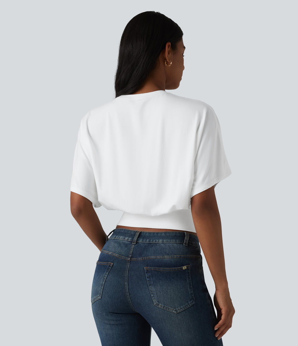 Round Neck Batwing Sleeve Casual Top — White — view 2