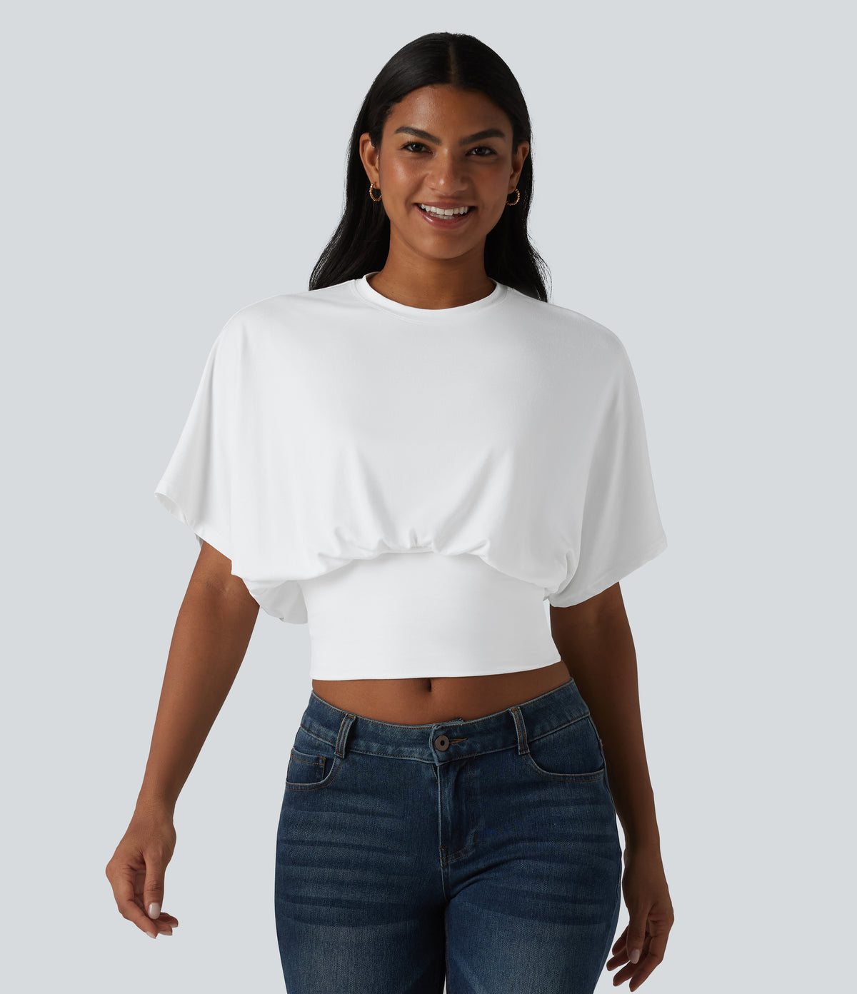 Round Neck Batwing Sleeve Casual Top — White — view 3