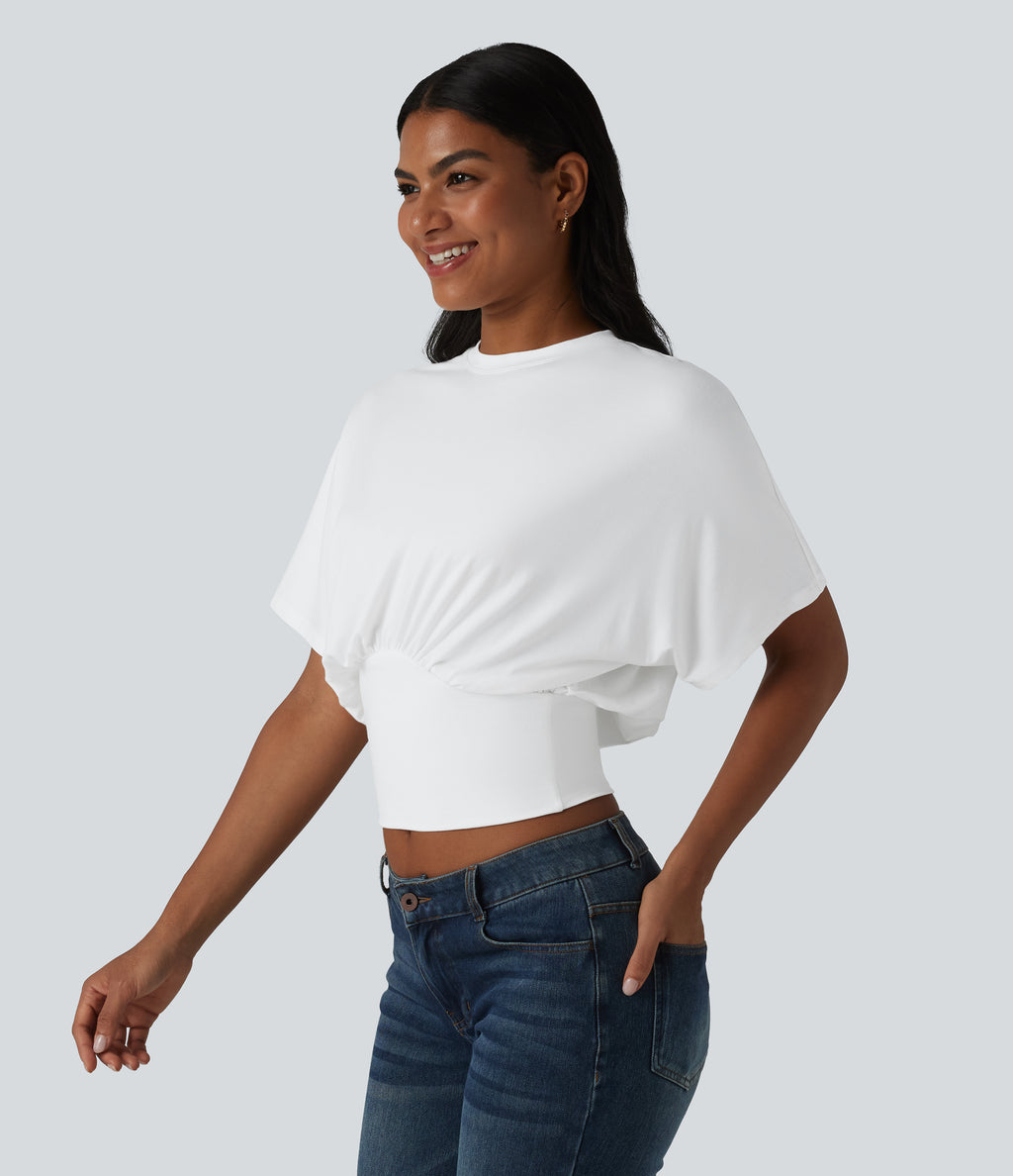 Round Neck Batwing Sleeve Casual Top — White — view 4