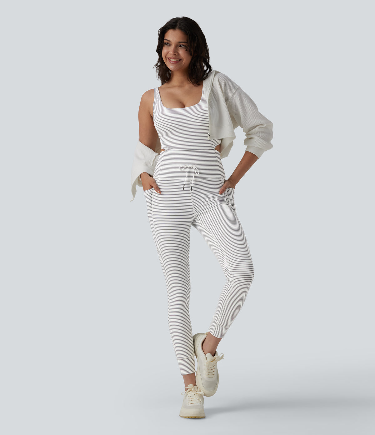 U Neck Cut Out Drawstring Tummy Control Stripe Yoga Jumpsuit with Pockets-Edition — Zebra Ripple — view 7