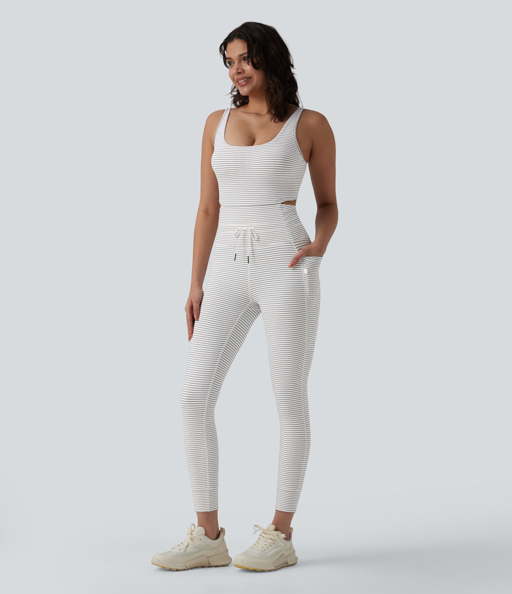 U Neck Cut Out Drawstring Tummy Control Stripe Yoga Jumpsuit with Pockets-Edition — Zebra Ripple — view 3
