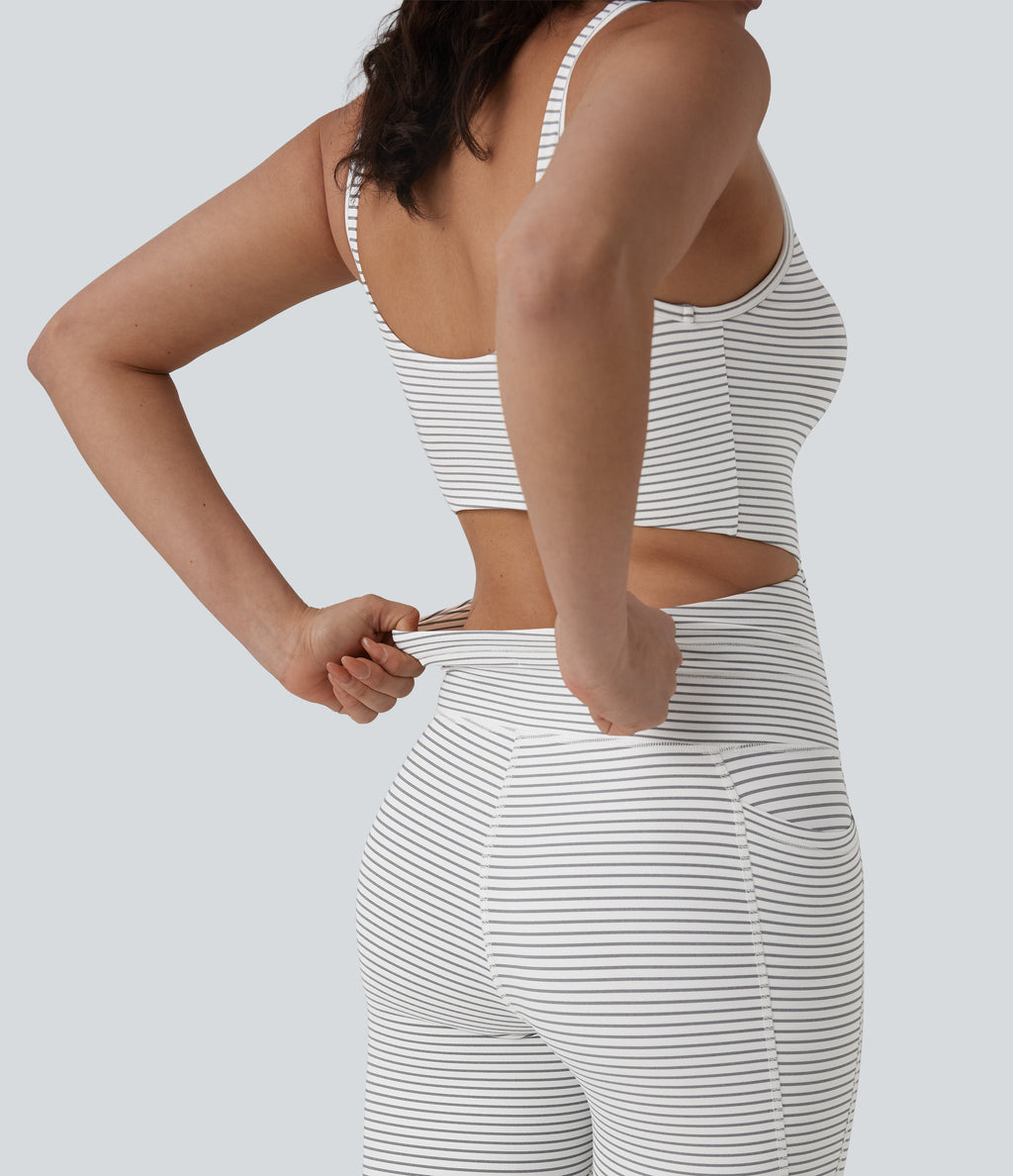 U Neck Cut Out Drawstring Tummy Control Stripe Yoga Jumpsuit with Pockets-Edition — Zebra Ripple — view 5