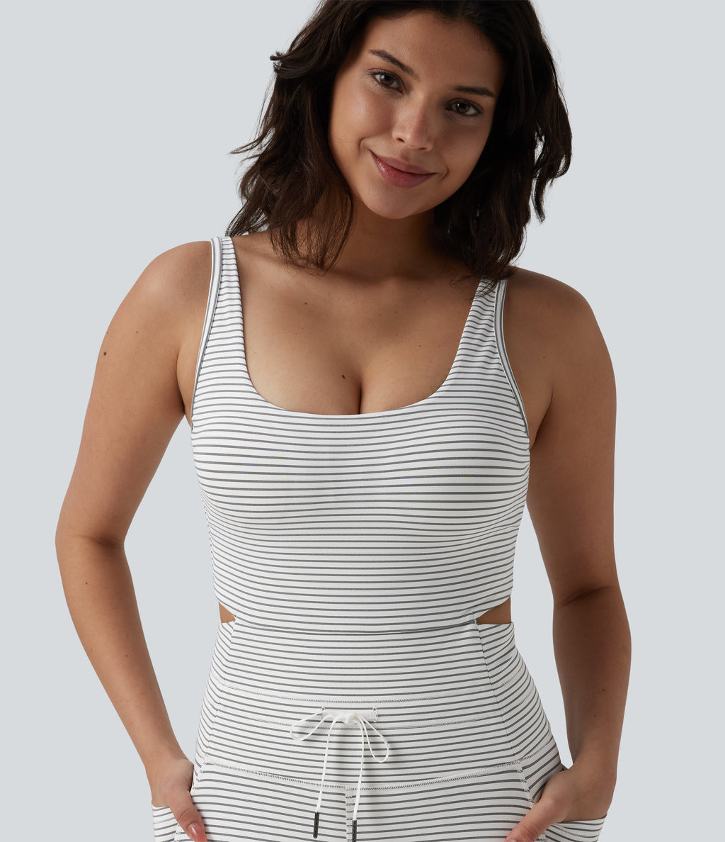 U Neck Cut Out Drawstring Tummy Control Stripe Yoga Jumpsuit with Pockets-Edition — Zebra Ripple — view 4