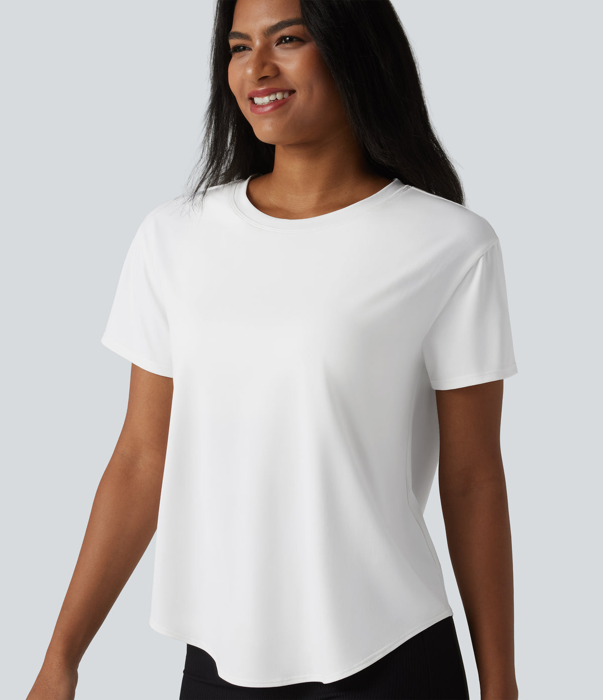 Round Neck Short Sleeve Built-in Bra Curved Hem Casual T-Shirt — White — view 5