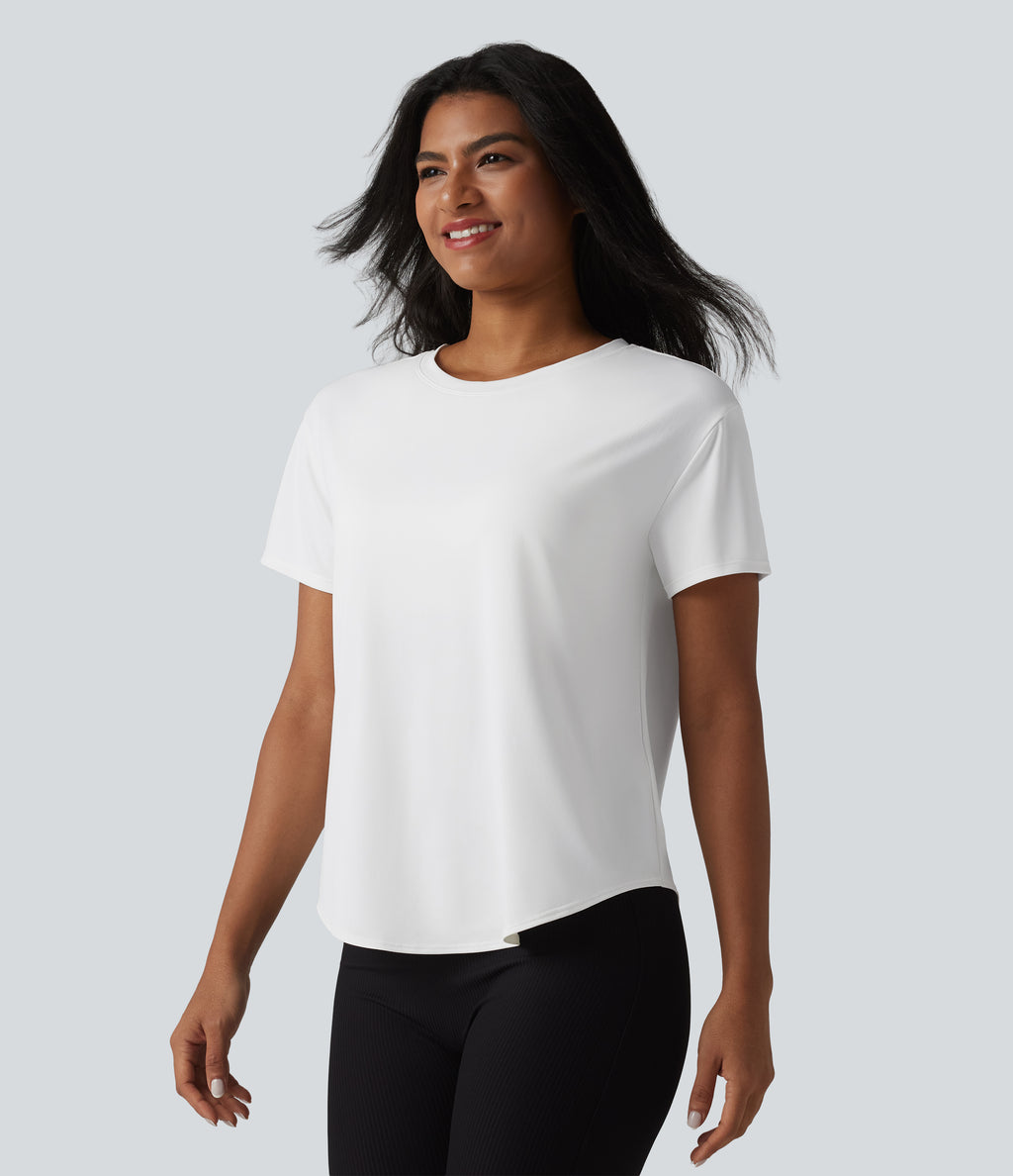 Round Neck Short Sleeve Built-in Bra Curved Hem Casual T-Shirt — White — view 4