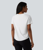 Round Neck Short Sleeve Built-in Bra Curved Hem Casual T-Shirt — White — view 2