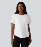 Round Neck Short Sleeve Built-in Bra Curved Hem Casual T-Shirt — White — view 3