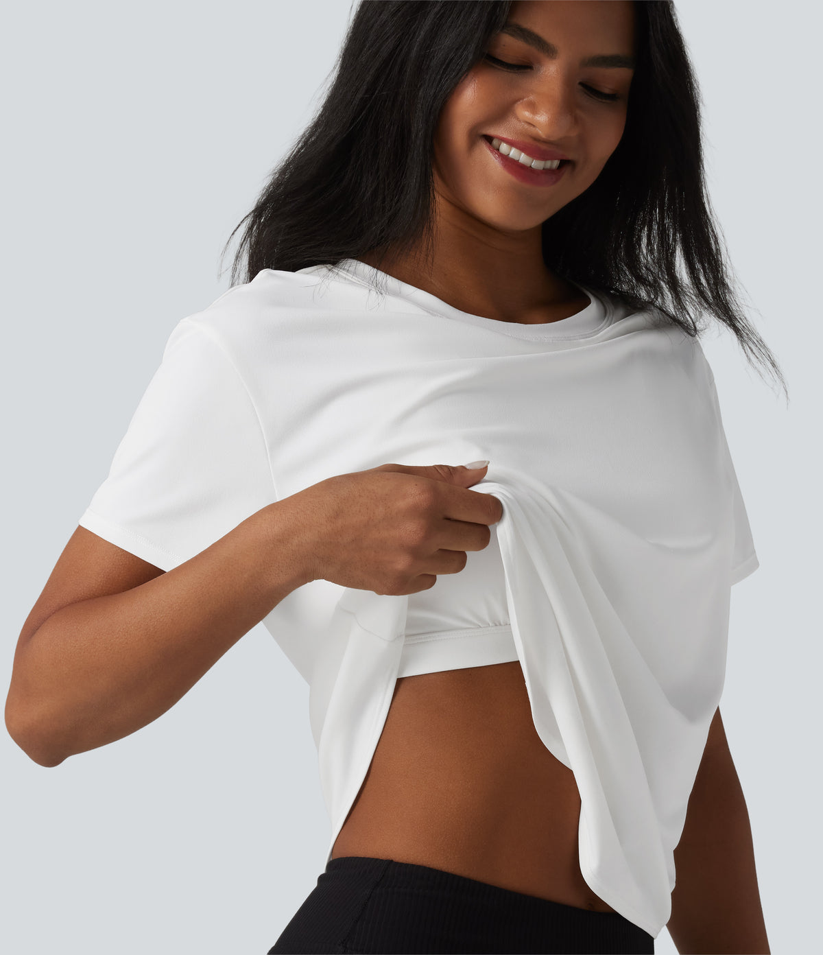 Round Neck Short Sleeve Built-in Bra Curved Hem Casual T-Shirt — White — view 1
