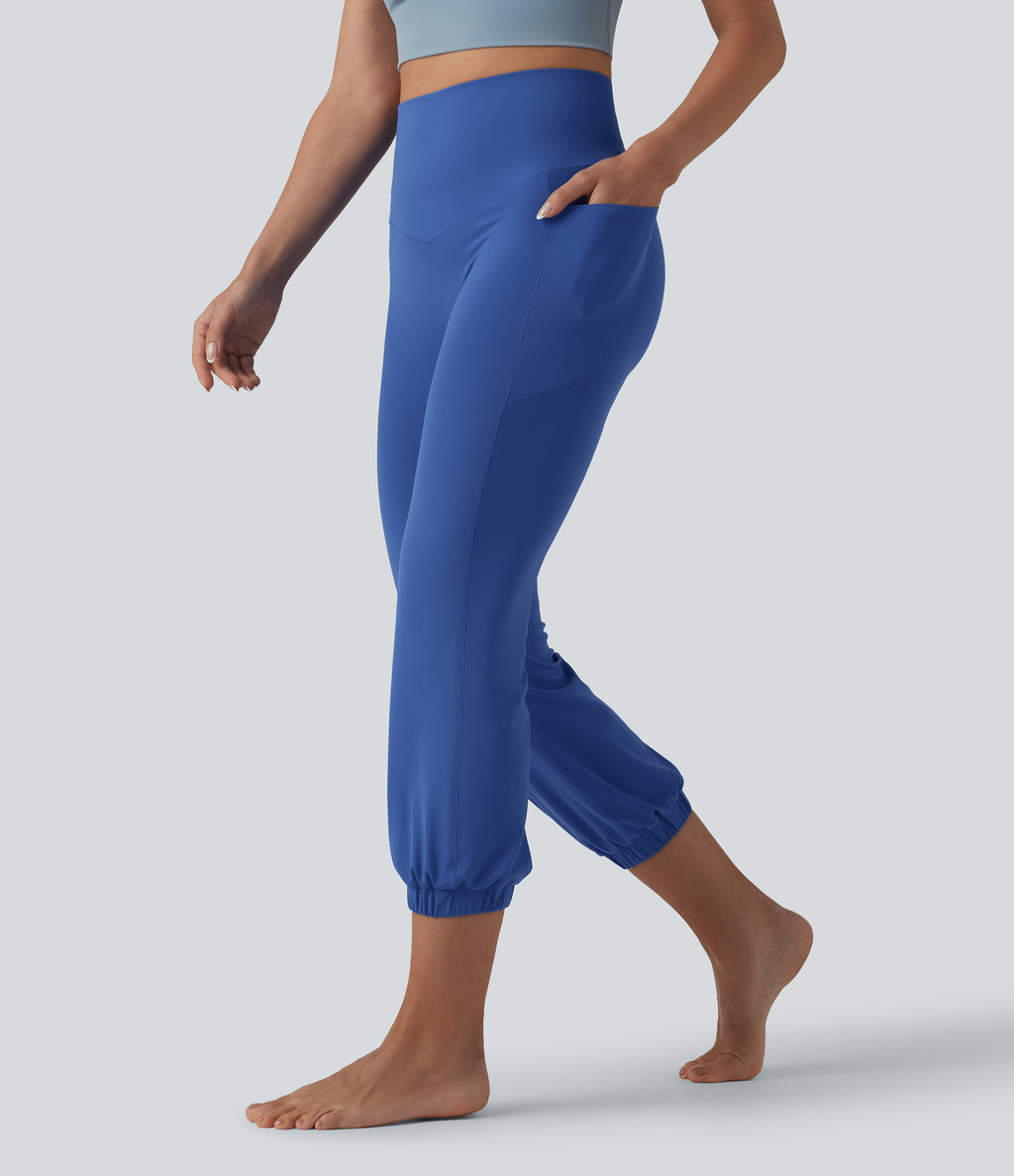 High Waisted Tummy Control Dance Cropped Balloon Joggers with Pockets — Beaucoup Blue — view 3