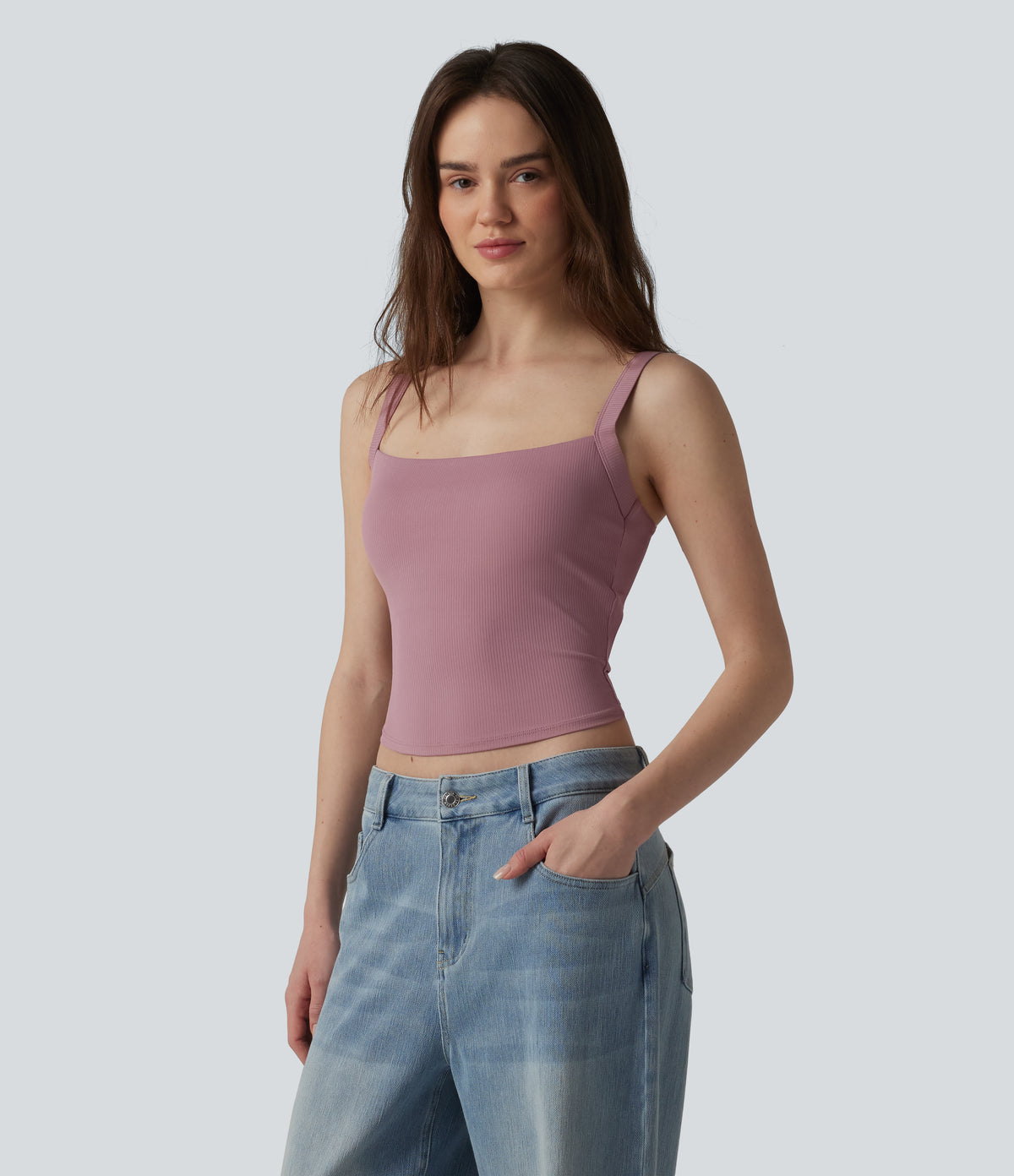 Ribbed Knit InstantCool Anti-odor Adjustable Straps Built-in Bra Casual Tank Top-UPF40+ — Nostalgia Rose — view 3