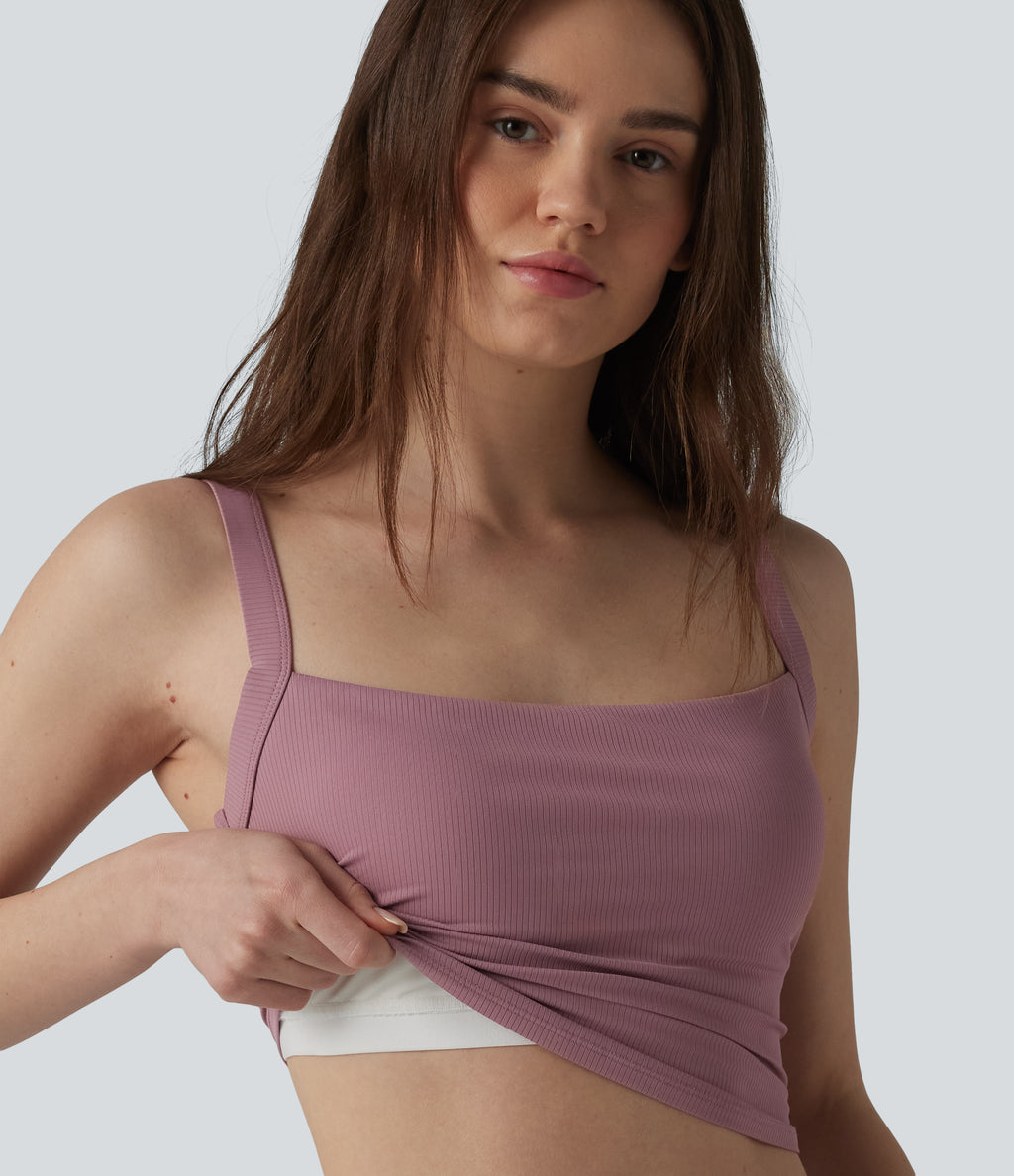 Ribbed Knit InstantCool Anti-odor Adjustable Straps Built-in Bra Casual Tank Top-UPF40+ — Nostalgia Rose — view 1