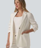 3/4 Sleeve Ruched Linen-Feel Work Blazer with Pockets — Marshmallow — view 4