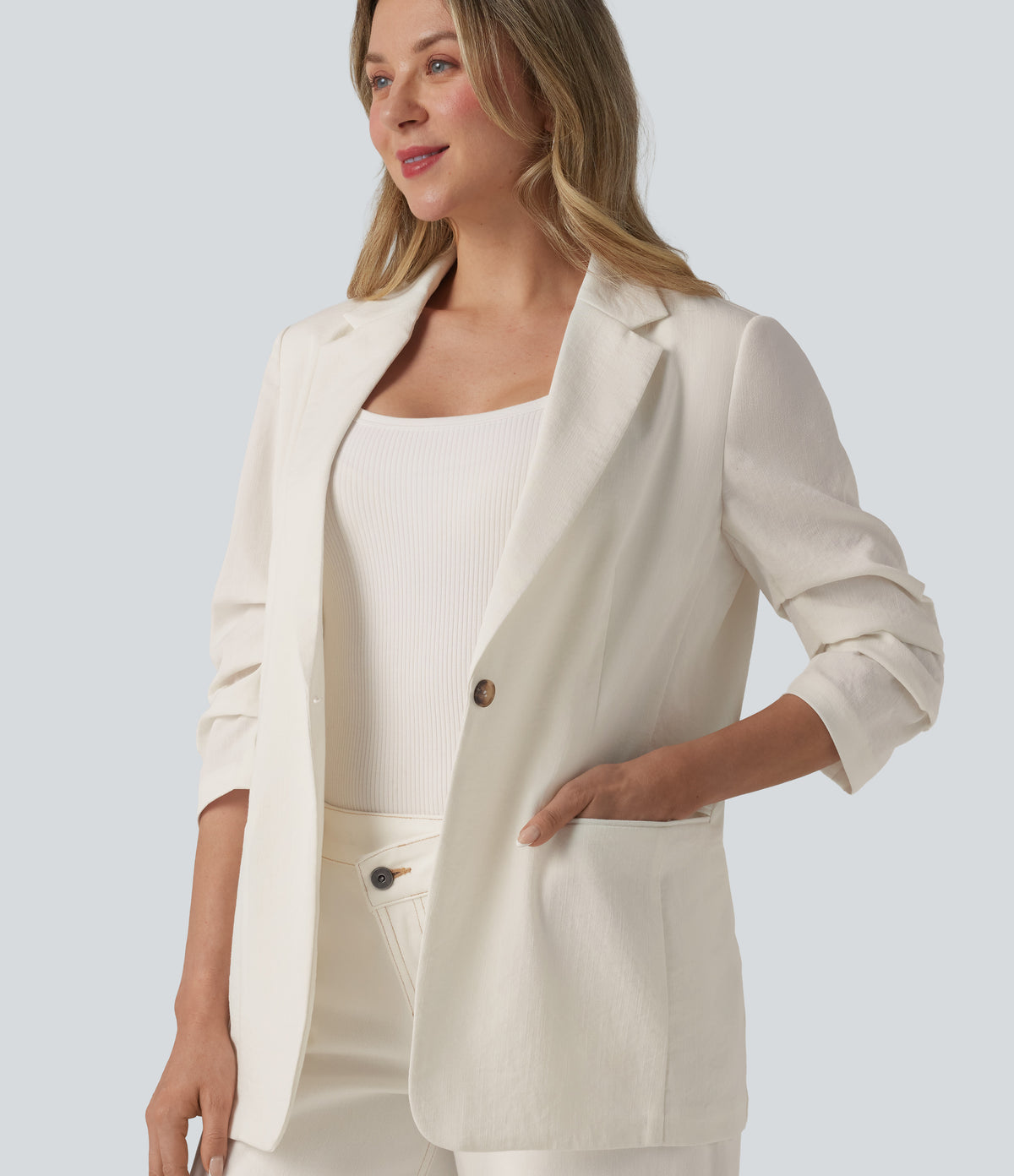 3/4 Sleeve Ruched Linen-Feel Work Blazer with Pockets — Marshmallow — view 4