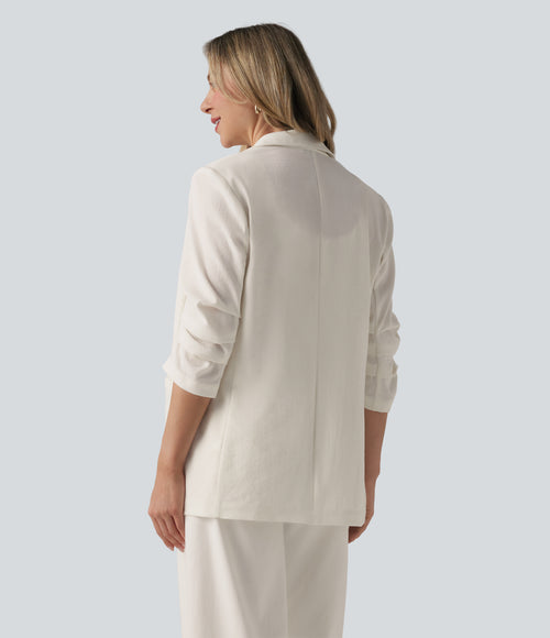 3/4 Sleeve Ruched Linen-Feel Work Blazer with Pockets — Marshmallow — view 2