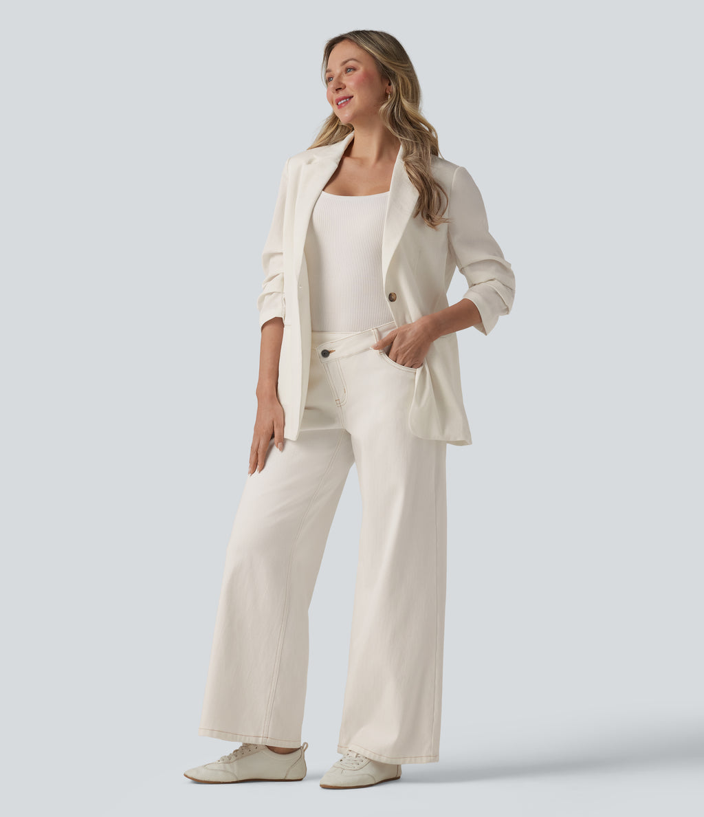 3/4 Sleeve Ruched Linen-Feel Work Blazer with Pockets — Marshmallow — view 6