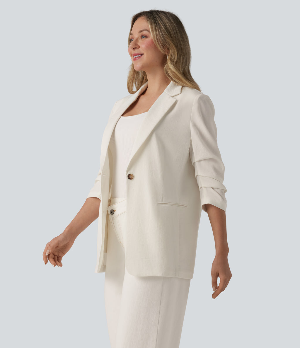 3/4 Sleeve Ruched Linen-Feel Work Blazer with Pockets — Marshmallow — view 3