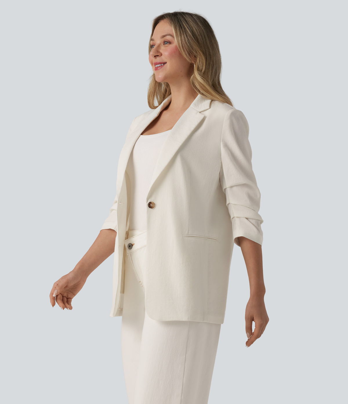 3/4 Sleeve Ruched Linen-Feel Work Blazer with Pockets — Marshmallow — view 3