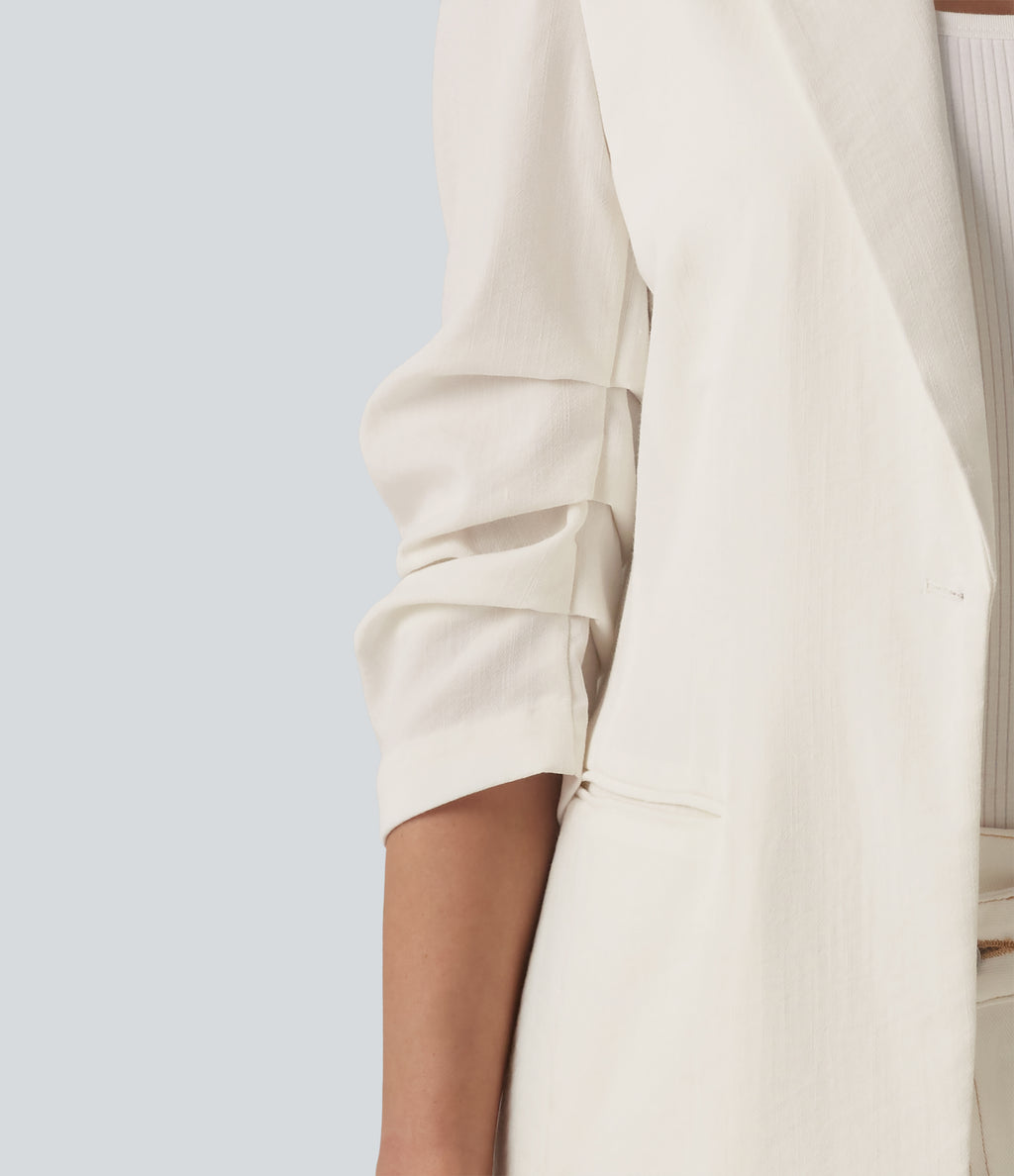 3/4 Sleeve Ruched Linen-Feel Work Blazer with Pockets — Marshmallow — view 5