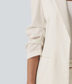 3/4 Sleeve Ruched Linen-Feel Work Blazer with Pockets — Marshmallow — view 5
