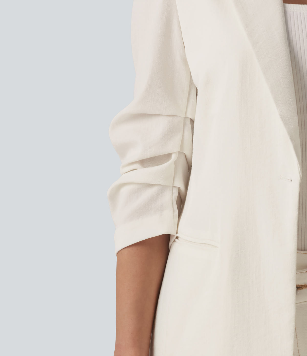 3/4 Sleeve Ruched Linen-Feel Work Blazer with Pockets — Marshmallow — view 5